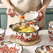 外贸手绘陶瓷碗创意大号双耳面碗汤碗家用吃饭碗盘子碗碟套装餐具