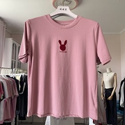 全店 圆领纯棉套头小兔子图案粉红色短袖百搭打底T恤女夏季韩