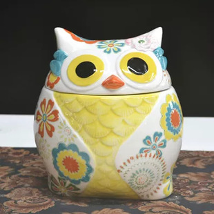 美式乡村猫头鹰装饰可爱动物陶瓷罐子摆件创意客厅儿童房家居