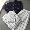 简约日系男式短袖短裤睡衣套装夏季纯棉棉布水洗宽松格子大码