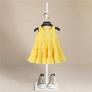 夏装伯米吉女童黄色无袖，连衣裙宝宝吊带裙背心，纯棉洋气蛋糕裙