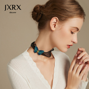 jxrx黑色蕾丝锁骨，链女choker气质名媛夏季蝴蝶，项链2023年颈链