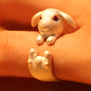七夕小众设计爱丽丝兔子，先生开口戒指，纯银动物本命年情侣指环送礼