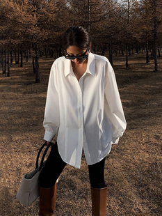 nevahu白色长袖衬衫，女设计感2024韩版复古港味休闲百搭上衣