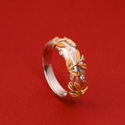 太府珠宝18k金真分色工艺，意大利拉丝戒指黄金，树叶缠绕个性女戒指
