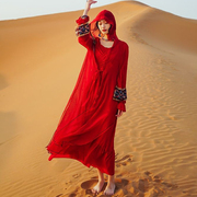民族风复古红色防晒衫女披肩薄沙漠连帽外套刺绣系带长款宽松外搭