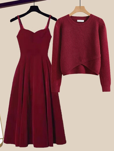 冬装搭配一整套高级感名媛小香风，套装裙女装红色毛衣连衣裙两件套