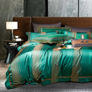 意大利轻奢四件套千鸟格提花六件套全棉纯棉床上用品绿色床单贡缎