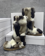 2023冬季狐狸毛毛鞋厚底拼色长筒羊皮毛加厚防滑保暖雪地靴子