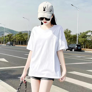 100%纯棉白色t恤女短袖夏季中长款大码宽松五分，袖上衣减龄半袖衫