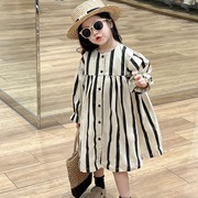 韩版女童2024春季黑白竖条纹时髦宽松圆领长袖衬衫公主连衣裙