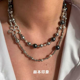 赫本印象丨法式混彩色珍珠花朵，毛衣项链女双层叠戴轻奢锁骨链颈链