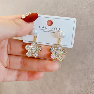 韩国流行时尚水钻花朵耳环个性后挂式闪钻耳钉珍珠s925银针耳饰品