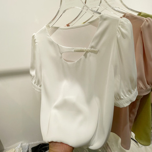 设计感镂空衬衫女钉珠盘扣雪纺衫2023夏季韩国短袖气质OL上衣