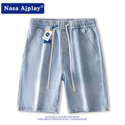 NASA联名淡蓝水洗牛仔短裤男夏季潮牌ins学生五分裤子做旧百搭裤