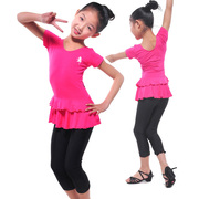 全棉女童运动套装短袖玫红，双层裙七分裤，幼儿民族舞服女孩舞衣