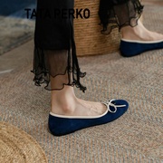 tataperko联名真皮，蝴蝶结浅口单鞋平底奶奶鞋女气质芭蕾舞鞋