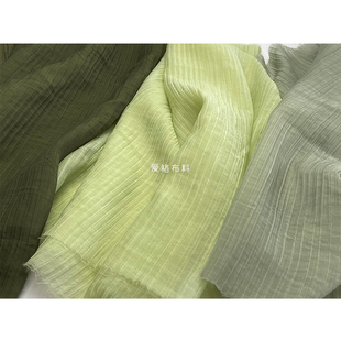 薄款半透明 绿色系竖条纹立体压皱褶皱丝麻天丝布料服装diy面料