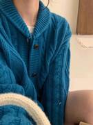蓝色长袖麻花针织衫毛衣女(毛，衣女)秋冬季韩系设计感小众翻领开衫外套上衣