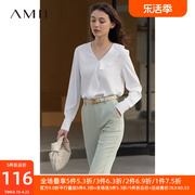 Amii2024秋季法式小衫V领荷叶边衬衫长袖雪纺衫女白色衬衣