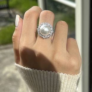 方糖家璀璨澳白色茶金珍珠，锆石s925纯银戒指，轻奢精致高级食指戒女