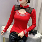 蕾丝拼接性感长袖T恤打底衫红色本命年女装镂空洋气烫钻上衣欧货