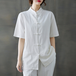中式复古盘扣棉麻衬衫女短袖白色，开衫上衣夏季宽松大码亚麻料小衫