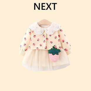英国next婴儿长袖水果，开衫纱裙二件套女宝宝时尚，潮流连衣裙子套装