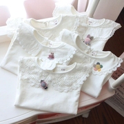 女童春秋白色衬衫宝宝娃娃领打底衫儿童，纯色翻领t恤小童长袖上衣
