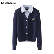 拉夏贝尔/La Chapelle学院风衬衫领拼接毛衣女春季假两件上衣