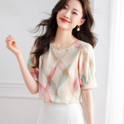 韩国高端气质圆领雪纺T恤女夏季2024印花小衫女宽松显瘦短袖