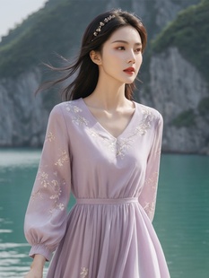 紫色雪纺连衣裙春秋女装，超好看气质海边度假飘逸收腰绝美法式长裙