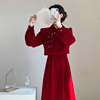 新中式国风改良旗袍敬酒服回门服新娘平时可穿订婚红色丝绒连衣裙