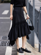 高级黑色包臀鱼尾半裙女2023秋季小众设计高腰显瘦气质中长裙