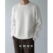 ownr编织格纹白色毛衣，男冬季加厚保暖外套男士，轻熟宽松圆领针织衫