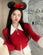 红色毛毛领(毛毛领)针织开衫女秋冬独特别致短款小上衣加厚毛衣外套打底衫