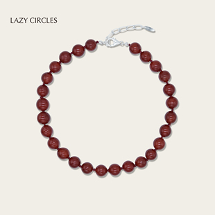 LAZY CIRCLES纯银红玛瑙圆珠天然石手工串珠女朋友礼物本命年项链