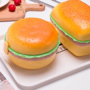圆形汉堡造型创意塑料餐盒儿童，零食收纳盒点心，水果便当盒小号饭盒