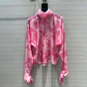 小众设计款粉色不规则蝴蝶印花半高领长袖上衣宽松半透视性感衬衫