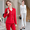 长袖时尚修身显瘦女士长裤西装大码白色纯色工作制服红色外套西服