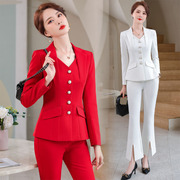 长袖时尚修身显瘦女士长裤，西装大码白色纯色，工作制服红色外套西服