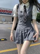 三件套夏季韩式甜美学院风校服马甲衬衫时尚高腰百褶裙女