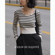 复古时髦黑白条纹针织衫女2022春秋法式气质，收腰显瘦短款上衣