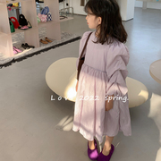 韩版儿童裙子春季女童，洋气袖子立体设计感优雅淡紫色连衣裙