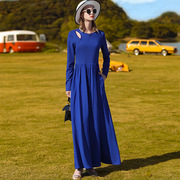 帝弗润驰24法式蓝色，露肩针织连衣裙气质，显瘦超长大摆女神长裙