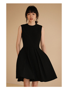 哈齿小姐陈艾佳夏季重磅定制法式复古小圆领无袖高腰黑色连衣裙女