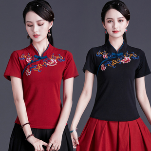 刺绣民族风女装短袖上衣，夏中国风广场舞服装，复古立领绣花t恤