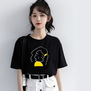 韩国2024年夏季人头印花黑色短袖T恤女宽松圆领基础体恤上衣