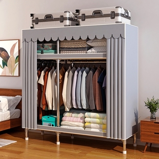 衣柜家用卧室出租用加厚全钢架小户型组装简易布衣柜(布衣柜)衣橱加粗收纳