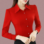 黑色红色衬衫女长袖纯色韩版职业装正装修身显瘦工作服上衣打底衫